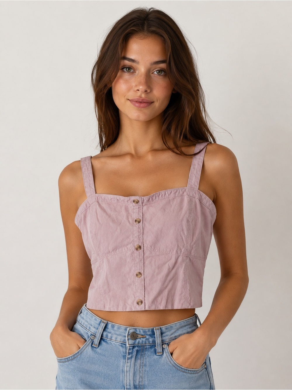 Abercrombie Y2K Blush Pink Button-Front Crop Smocked Back Tank Cotton